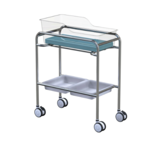 Transparent acrylic bassinet capsule mounted on a stainless steel frame, featuring a hospital-grade mattress and two lower acrylic trays.